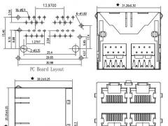 2X2 Stacked RJ45 Connector without Transformer