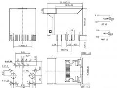 Single 180 degree RJ45 Modular Jack W/TRANS W/LED